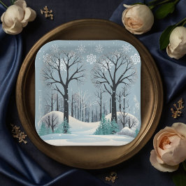 Plato De Papel Dreamy Winter Forest Snowflakes Baby Shower