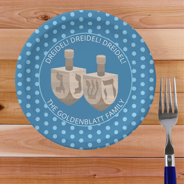 Plato De Papel Dreidel Rustic Oak Cute Polka Dot Hanukkah Fiesta (Fun dreidel and polka dots Hanukkah paper plates will make clean up a breeze for your parties)