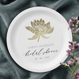PLATO DE PAPEL DUCHA BRIDAL FLORAL DE LOTUS BLANCO DE ORO GLAMORO