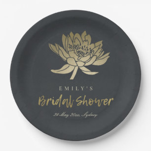 PLATO DE PAPEL DUCHA BRIDAL FLORAL DE LOTUS NEGRO GLAMOROSO ORO
