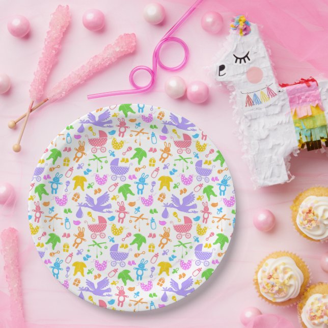 Plato De Papel Ducha Colorida de Bebé Niña  (Fiesta)