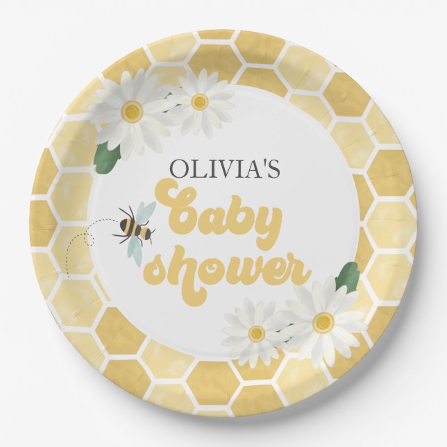 Plato De Papel Ducha de abeja bebé panal y margaritas (Anverso)