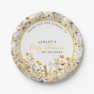 Plato De Papel Ducha de bebé acuarela boho flor silvestre amarill