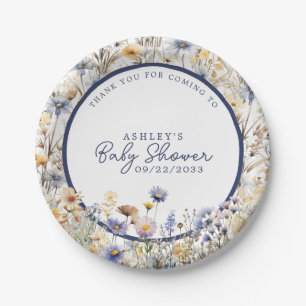 Plato De Papel Ducha de bebé acuarela boho Flor silvestre azul