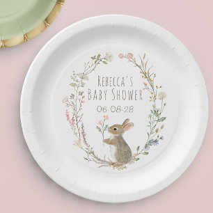 Plato De Papel Ducha de Bebé Acuarela Conejo Bosque Rústico