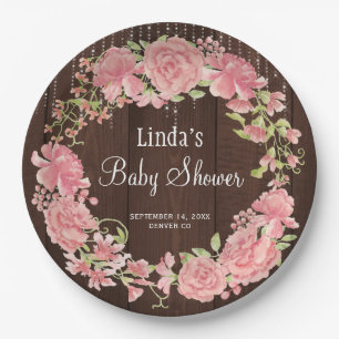 Plato De Papel Ducha de bebé acuarela rosa floral madera