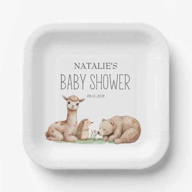 Plato De Papel Ducha de Bebé Animales Bohemios del Bosque (Anverso)