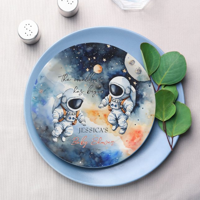 Plato De Papel Ducha de bebé astronauta en el espacio exterior (Outer space astronaut twins baby shower monogrammed customized paper plates personalized table decor)