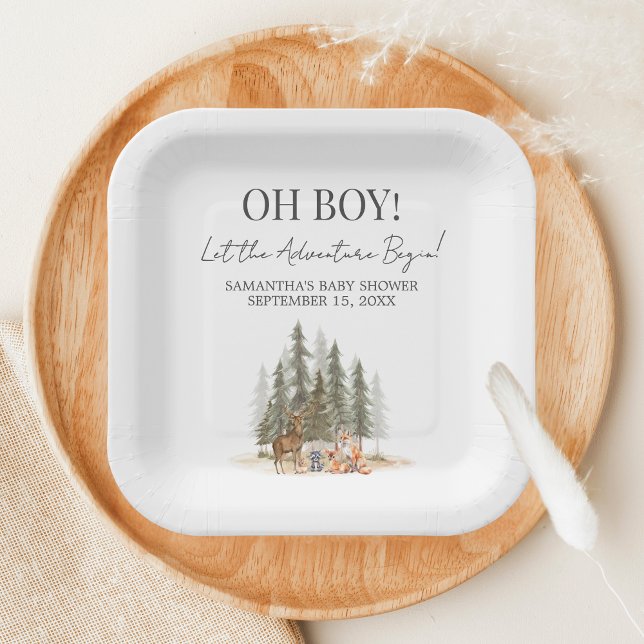 Plato De Papel Ducha de Bebé Aventura Comienza (Let the Adventure Begin Woodland Animals Baby Shower Paper Plate)
