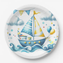 Plato De Papel Ducha de bebé azul náutico de barco de vela