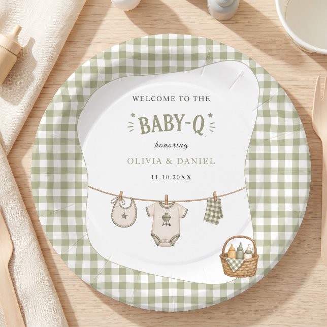 Plato De Papel Ducha de bebé BBQ Sage Gingham Rústica Personaliza (Bbq Baby Shower Sage Gingham Rustic Custom Paper Plates)