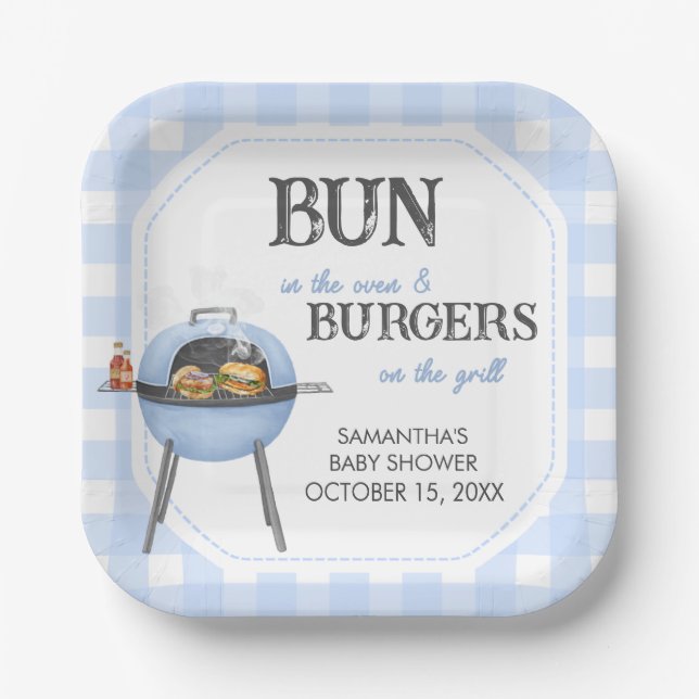 Plato De Papel Ducha de Bebé Blue Burger BBQ (Anverso)