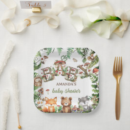Plato De Papel Ducha de Bebé Boho Rústica Animales Bosque Verde