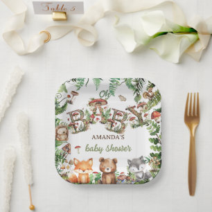 Plato De Papel Ducha de Bebé Boho Rústica Animales Bosque Verde