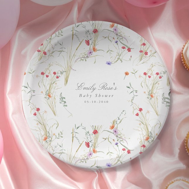 Plato De Papel Ducha de bebé botánico de pradera primaveral-flor  (Wildflower meadow, baby in bloom, baby girl shower paper plate.)