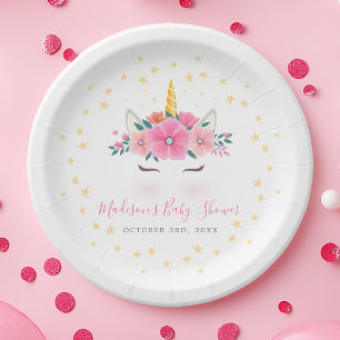 Plato De Papel Ducha de bebé Cara de Unicornio Acuarela Estrellas
