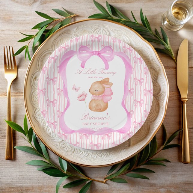 Plato De Papel Ducha de bebé con arco rosa conejo monogramada (Bunny pink bow baby shower monogrammed paper plates personalized table decor printed paper plates)