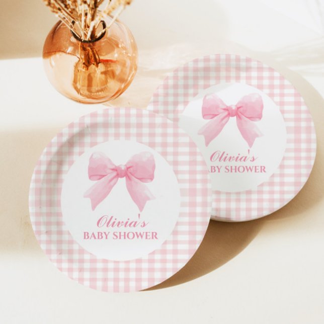 Plato De Papel Ducha de bebé con arco rosa y gingham preppy (Subido por el creador)