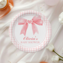 Plato De Papel Ducha de bebé con arco rosa y gingham preppy