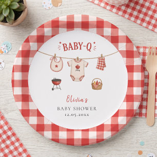 Plato De Papel Ducha de bebé con barbacoa de cuadros rojos rústic