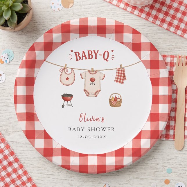 Plato De Papel Ducha de bebé con barbacoa de cuadros rojos rústic (Bbq Baby Shower Rustic Red Gingham Paper Plates)