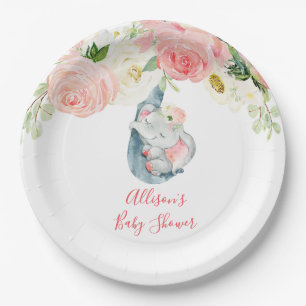 Plato De Papel Ducha de bebé con elefante blanco y rosa Rubor