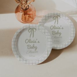 Plato De Papel Ducha de bebé con gingham de lazo verde dibujado a