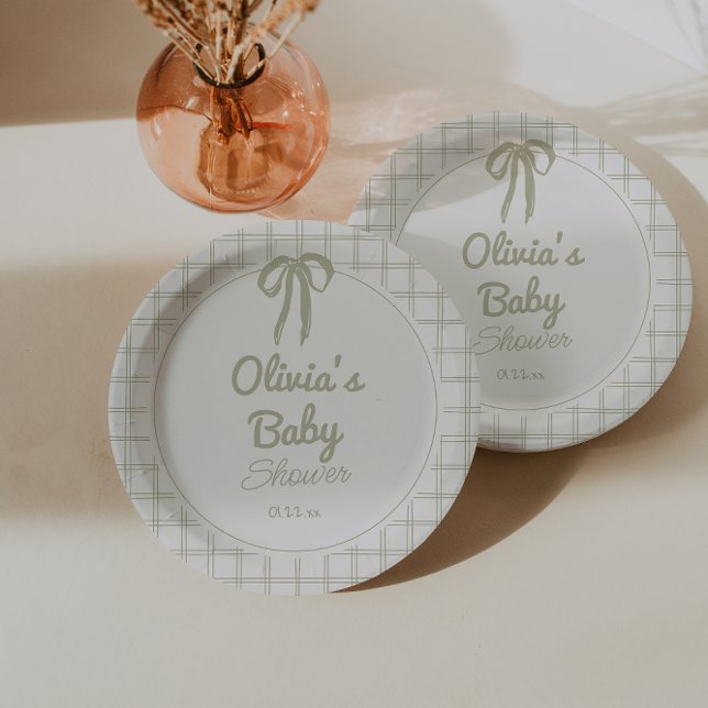 Plato De Papel Ducha de bebé con gingham de lazo verde dibujado a (Subido por el creador)