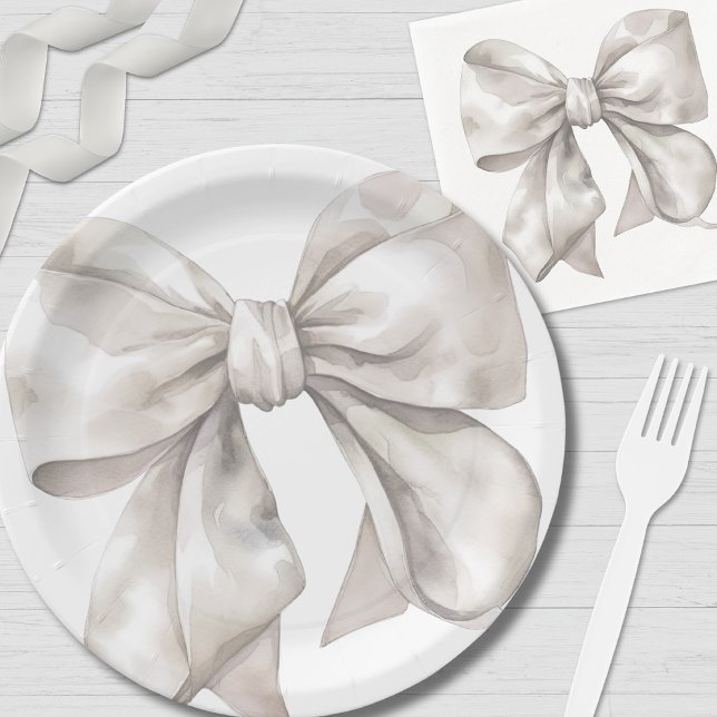 Plato De Papel Ducha de Bebé con Lazo Blanco Sencillo (Simple White Bow Baby Shower Paper Plates)