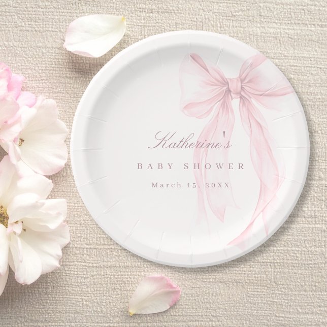 Plato De Papel Ducha de Bebé con Lazo Coquette Rosa (Pink Bow Baby Shower Paper Plate)