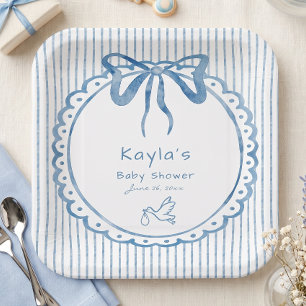 Plato De Papel Ducha de Bebé con Lazo de Acuarela Azul Caprichosa