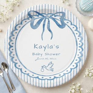 Plato De Papel Ducha de Bebé con Lazo de Acuarela Azul Caprichosa