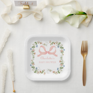 Plato De Papel Ducha de Bebé con Lazo Rosa y Flor Silvestre