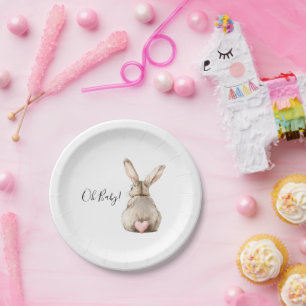 Plato De Papel Ducha de Bebé Conejito Lindo Cola de Corazón Rosa