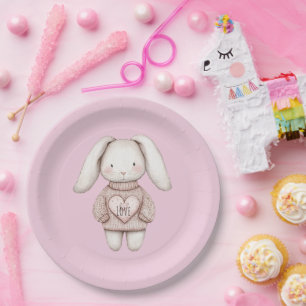 Plato De Papel Ducha de Bebé Conejo Rosado Lindo Suéter Rosa Cora