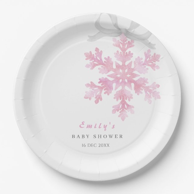 Plato De Papel Ducha de Bebé Copo de Nieve Rosa (Anverso)