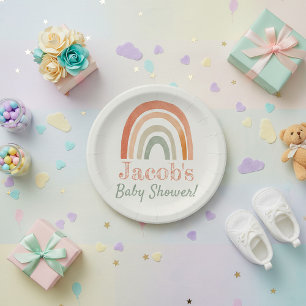 Plato De Papel Ducha de bebé de arco iris neutro de terracota