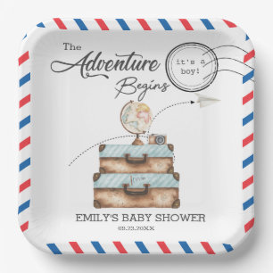 Plato De Papel Ducha de bebé de aventura de niño de maleta vintag