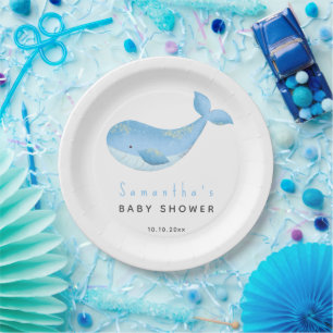 Plato De Papel Ducha de bebé de ballena con acuarela
