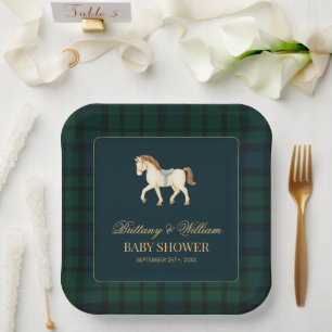 Plato De Papel Ducha de bebé de caballo a cuadros escoceses rústi