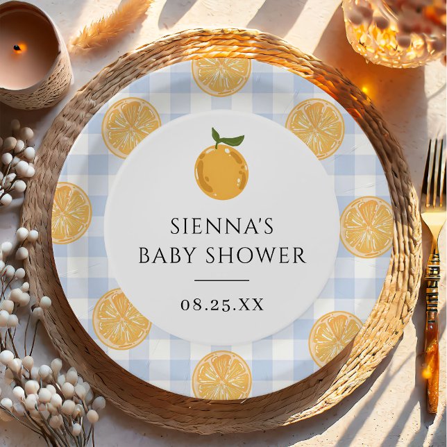 Plato De Papel Ducha de bebé de cítrico con gingham naranja (Subido por el creador)