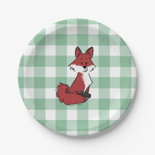 Plato De Papel Ducha de Bebé de Cuadrillé Verde y Zorro Rojo Ador