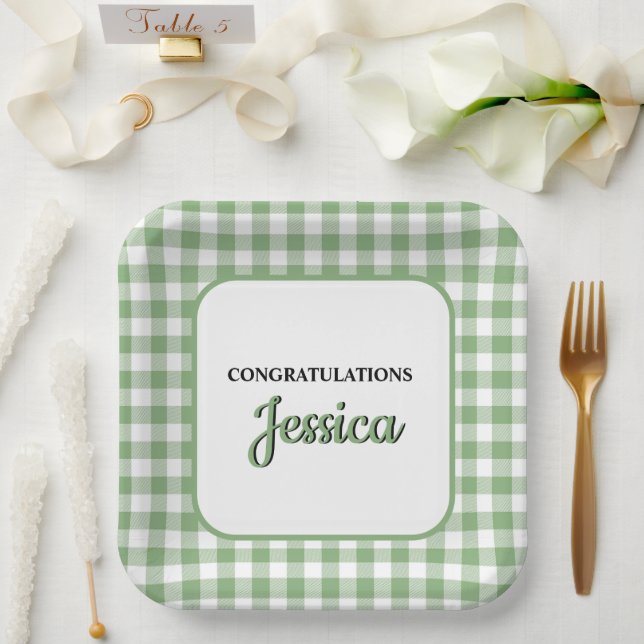 Plato De Papel Ducha de bebé de cuadros verdes Gingham (Boda)