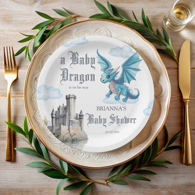 Plato De Papel Ducha de bebé de dragón azul lindo medieval person (Medieval cute blue baby dragon baby shower customized paper plates personalized table decor)