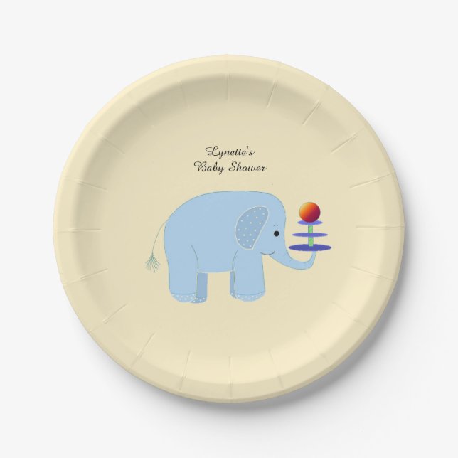 Plato De Papel Ducha de bebé de elefante azul (Anverso)