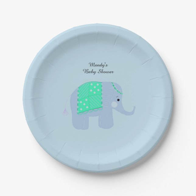 Plato De Papel Ducha de Bebé de Elefante Indio Azul (Anverso)