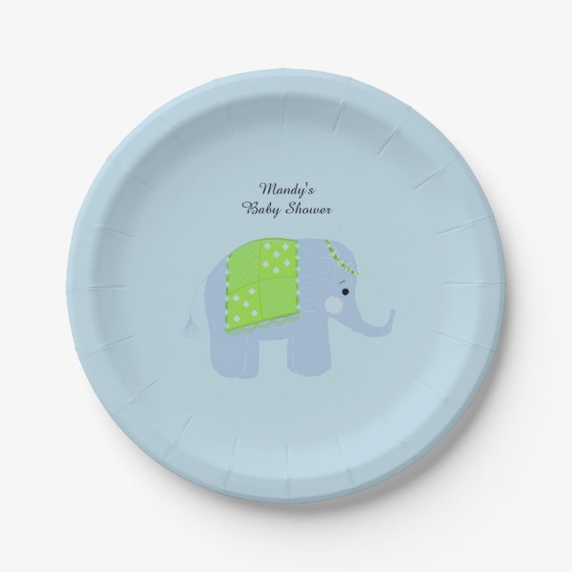 Plato De Papel Ducha de Bebé de Elefante Indio Azul (Anverso)