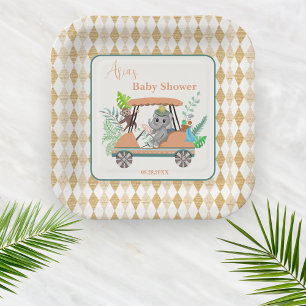 Plato De Papel Ducha de bebé de elefante y mono de golf Boho Baby