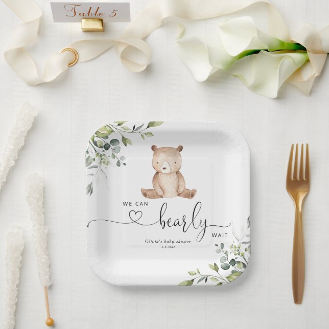 Plato De Papel ducha de bebé de eucalipto y oso (Boda)