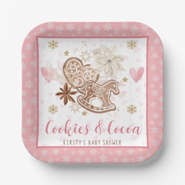 Plato De Papel Ducha de bebé de Galletas Rosadas y Cacao (Anverso)